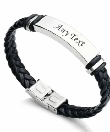 Men's Personalized Leather Bracelet | Custom Engraved Stainless Steel ID Bar (Name/Date/Logo)