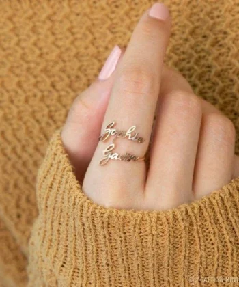 Woman wearing Custom Gold Engraved Ring – Aish Splash Jewelry