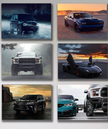 Set of 6 automotive wall art tiles featuring a G-Wagon, Ford Raptor, Dodge Challenger, and supercars in cinematic settings.