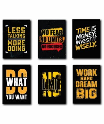 Six vertical black photo tiles with bold yellow and white motivational text arranged in a grid.