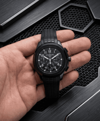 Blue chronograph men's watch with a textured rubber strap and silver bezel.