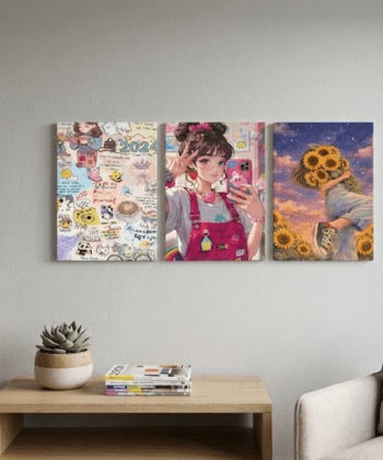 3-piece aesthetic anime girl and sunflower wooden wall art set on a gray wall.