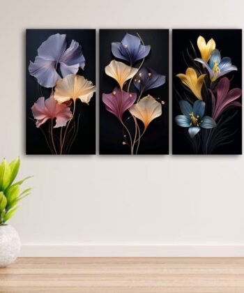 Three vertical wall art tiles featuring glowing, translucent abstract flowers in shades of lavender, magenta, and gold on a solid black background.