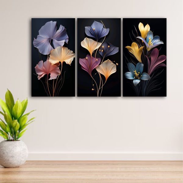 Midnight-Bloom-Ethereal-Floral-Abstract-Wall-Art-Set Three vertical wall art tiles featuring glowing, translucent abstract flowers in shades of lavender, magenta, and gold on a solid black background.