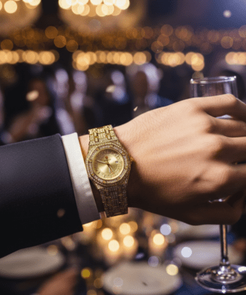 Luxury gold diamond-studded watch with iced-out crystals on the dial and bracelet.