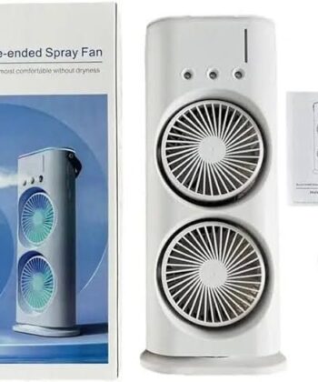 White vertical dual-fan desktop unit with blue mist spraying from the nozzles and RGB lights glowing.