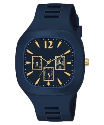 Matte navy blue silicone men's watch with gold dial features and integrated strap.
