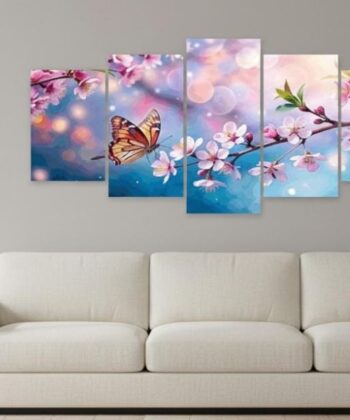 5-piece butterfly and pink cherry blossom wooden wall art sticky tiles for home decor.