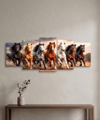 Seven Galloping Horses 5-Piece Panoramic Wooden Wall Art Frame Set 40x16 Inch.