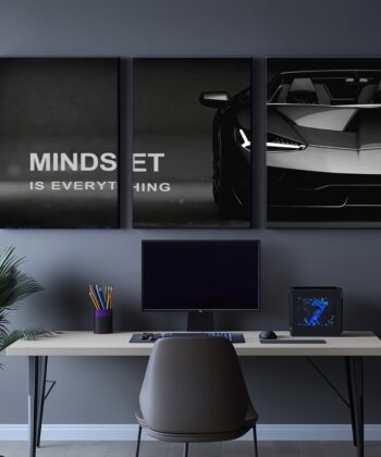 Set of 3 motivational wall art tiles featuring a luxury black supercar and the text Mindset is Everything in a modern office.