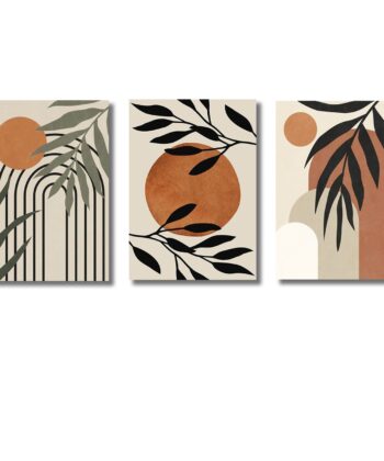 Three vertical wall tiles featuring vintage scientific illustrations of plants, ferns, and seeds on aged parchment paper.