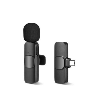 A black wireless lavalier microphone transmitter with a foam windscreen and a matching Type-C plug-in receiver.