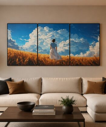 set of 3 Ghibli-inspired anime wooden wall art panels displayed in a living room, featuring a girl overlooking a peaceful town under a blue sky with clouds