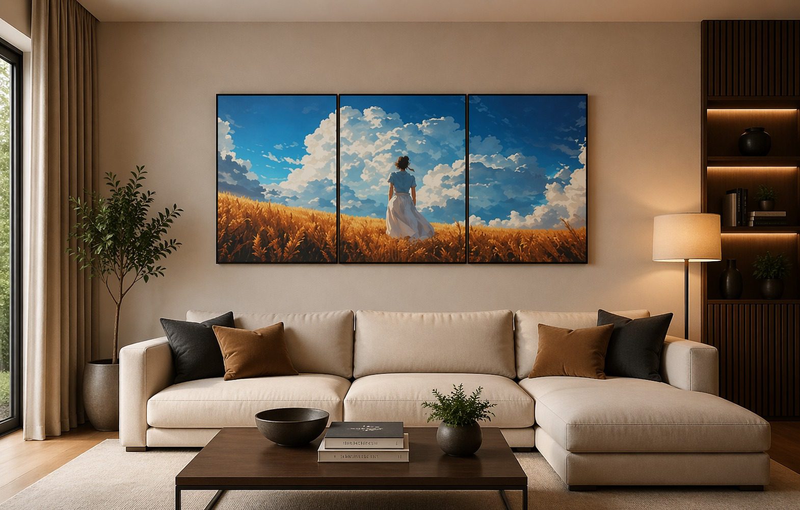 Ghibli Inspired 3-Panel Wooden Wall Art - Living Room View set of 3 Ghibli-inspired anime wooden wall art panels displayed in a living room, featuring a girl overlooking a peaceful town under a blue sky with clouds