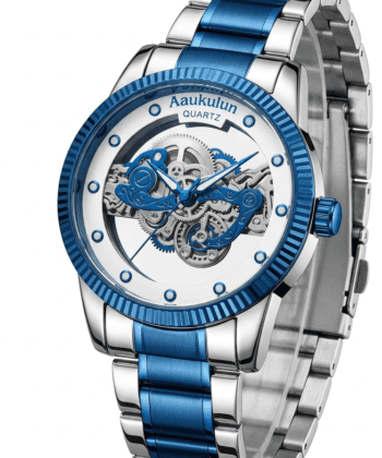 Aaukulun men's skeleton dial watch with blue and silver stainless steel bracelet.