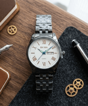 Baima stainless steel watch with black dial and Roman numerals.