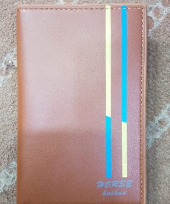A brown bi-fold wallet featuring two vertical blue and yellow stripes on the right side and a small "HORSE" logo at the bottom