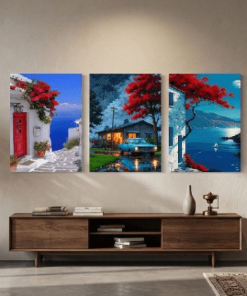 3-piece vibrant nature and coastal landscape wooden wall art sticky tiles.
