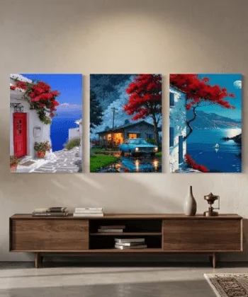 3-piece vibrant nature and coastal landscape wooden wall art sticky tiles.