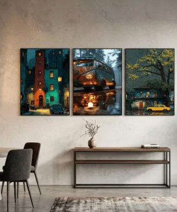 -piece vintage car and cityscape wooden wall art frames for modern home decor.