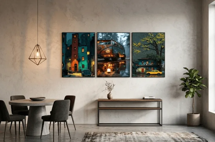 -piece vintage car and cityscape wooden wall art frames for modern home decor.