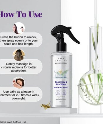 Close-up of Bare Anatomy Rosemary & Rice Water Hair Growth Spray with "How To Use" instructions.