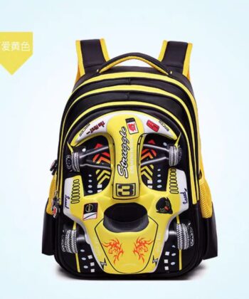 3D Racing Car Design School Bag for boys in Blue, Red, Green, and Yellow.