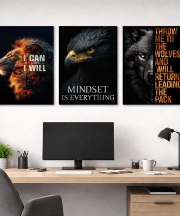 3-piece motivational lion eagle and wolf wooden wall art set for office decor.