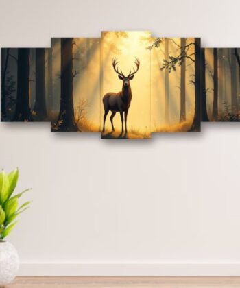 Golden Forest Deer Silhouette 5-Piece Wooden Wall Art Frame Set 40x16 Inch.