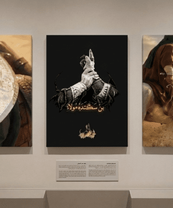 3-piece wooden wall art set featuring Islamic sword Zulfiqar, calligraphy, and a horseman on a textured wall.