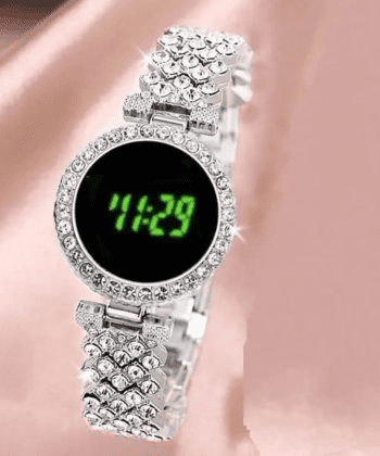 Ladies' Round Dial Digital Watch - Rhinestone & Green LED - Black