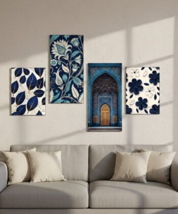 4-Piece Blue and White botanical and architectural wooden wall tiles on a grey wall