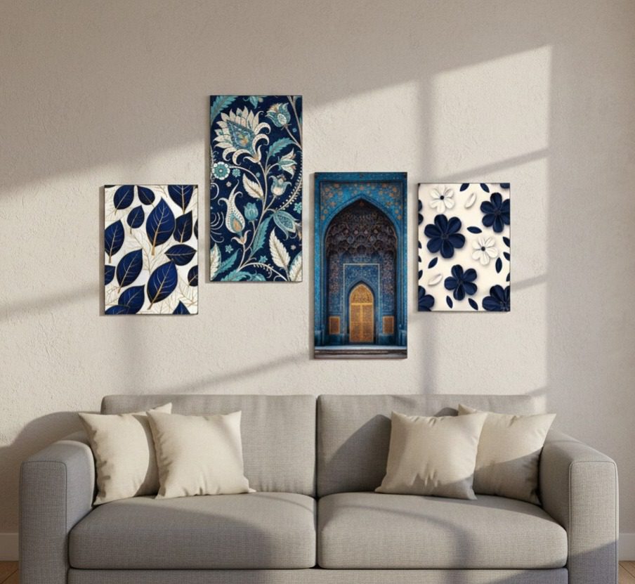 Blue-White-Botanical-Architectural-Wall-Tiles-Set 4-Piece Blue and White botanical and architectural wooden wall tiles on a grey wall
