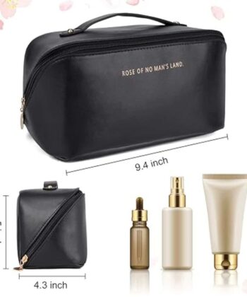 Large capacity travel cosmetic bag with a handle and spacious interior.