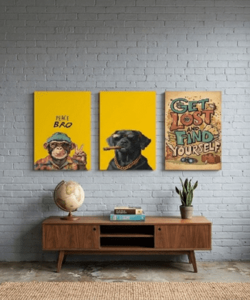Urban Cool Ape and Dog Aesthetic Wooden Wall Art 3 Pieces Quirky Gamer and Room Decor Set.