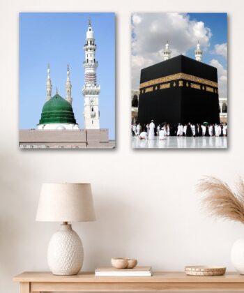 Set of 2 Islamic wall art tiles featuring the Kaaba in Makkah and the Green Dome of Masjid an-Nabawi in Madinah.