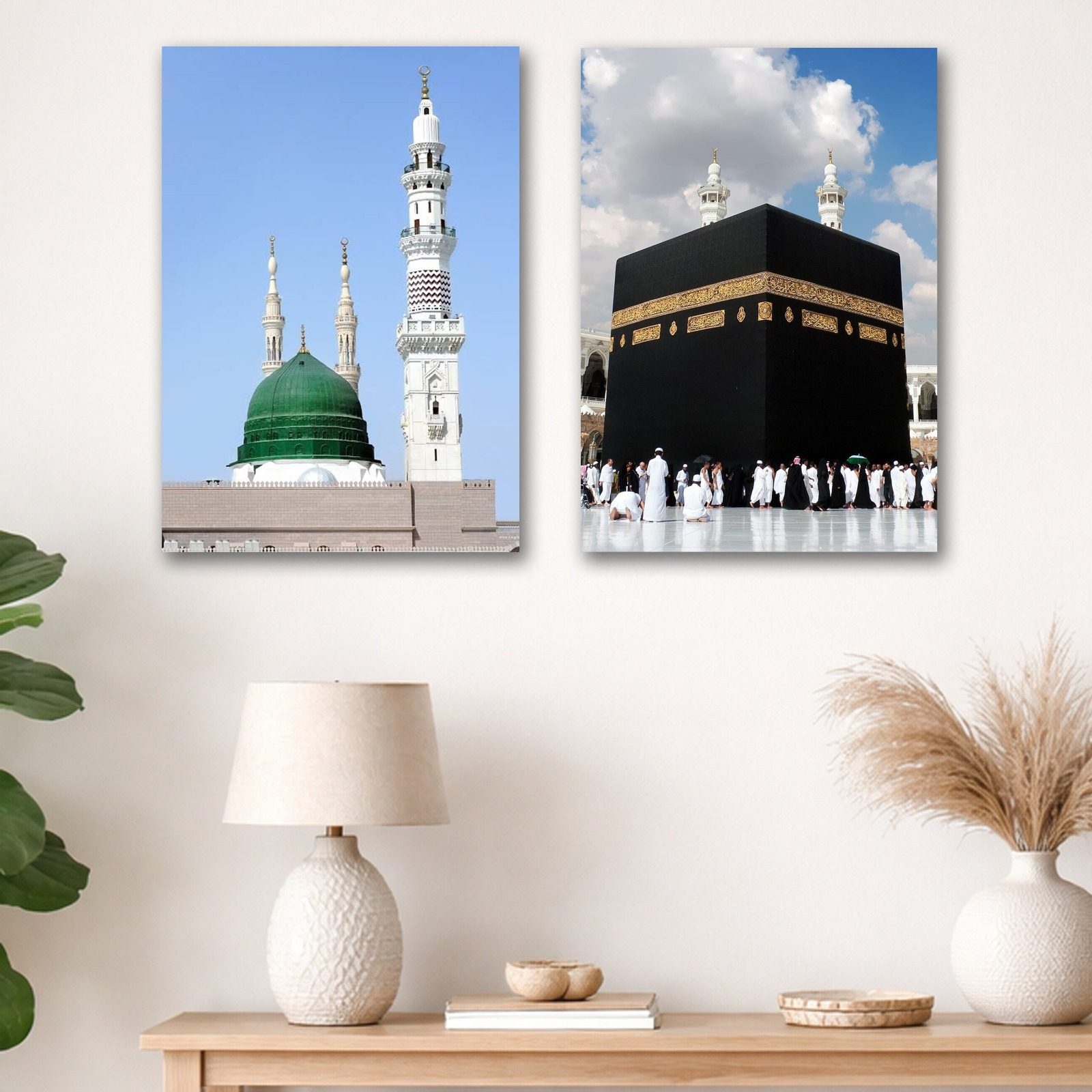 Harmonies-of-Faith-Islamic-Wall-Art-Aish-Splash Set of 2 Islamic wall art tiles featuring the Kaaba in Makkah and the Green Dome of Masjid an-Nabawi in Madinah.