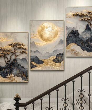 Luxury 3-Piece Landscape Wall Frame Set Golden Moon and Blossoming Trees 12x16 Inch.