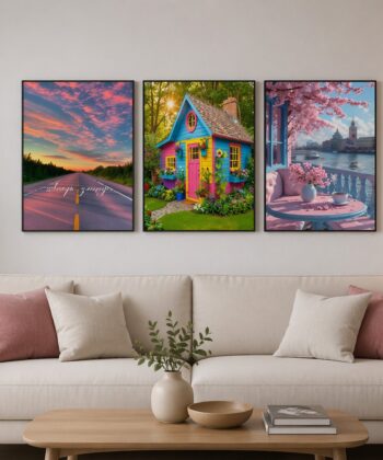 Vibrant Dreamy Landscape 3-Piece Wooden Wall Art Frame Set 8x11 Inch.