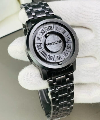 Black stainless steel magnetic ball watch in a premium wooden gift box.