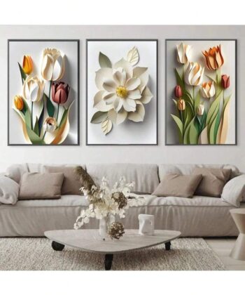 Set of 3 3D effect floral wall art frames featuring elegant paper-cut style tulips in a modern living room.