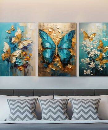 3-piece 8x11 inch wooden wall art set with blue and gold butterflies.