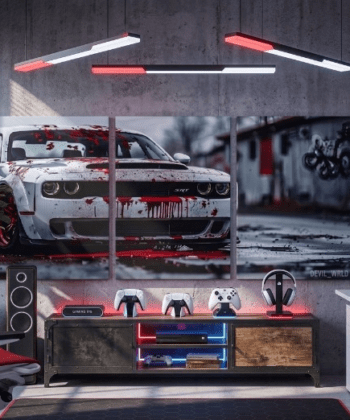 3-piece cinematic wooden wall art featuring a red and white Dodge Challenger Hellcat SRT in a gaming room.