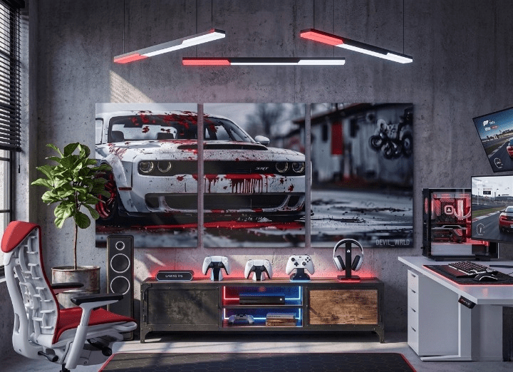 Dodge-Challenger-Hellcat-SRT-Automotive-Wall-Art 3-piece cinematic wooden wall art featuring a red and white Dodge Challenger Hellcat SRT in a gaming room.