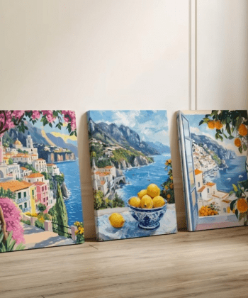 Vintage European Coast 3-Piece Canvas Wall Art Scenic Italian and Greek Paintings 8x11 Inch.