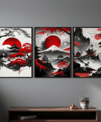 Japanese Zen Landscape 3-Piece Wooden Wall Art Frame Set 8x11 Inch.