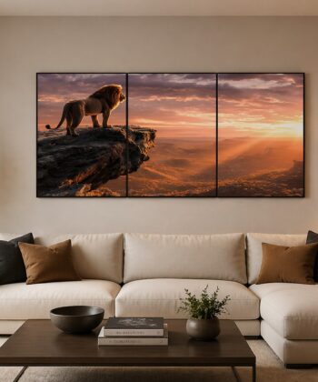 Set of 3 wooden wall art tiles featuring a majestic lion at sunset in a modern living room setting.