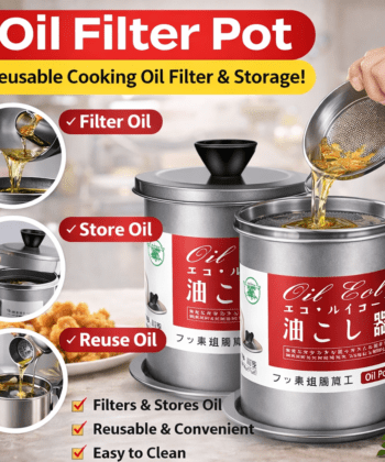 1.4L Stainless Steel Oil Filter Pot with fine mesh strainer for kitchen grease storage.