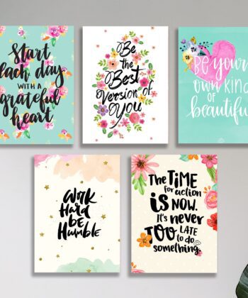 A collection of five rectangular wall art tiles with floral borders and motivational text in stylish calligraphy.