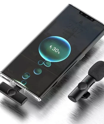 K11 2-in-1 wireless collar microphone shown connected to a smartphone with a charging indicator and receiver.